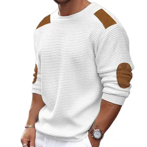 Close-up detail of white waffle knit sweater for men featuring brown elbow patches