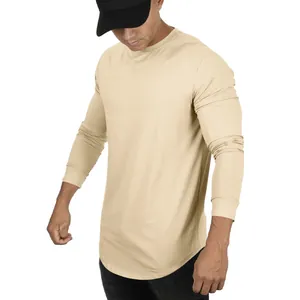 T-shirt de sport à manches longues pour homme en beige uni avec un ourlet arrondi élégant
