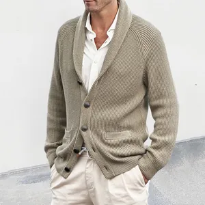 Premium men's khaki shawl collar ribbed knit cardigan sweater with classic button-front