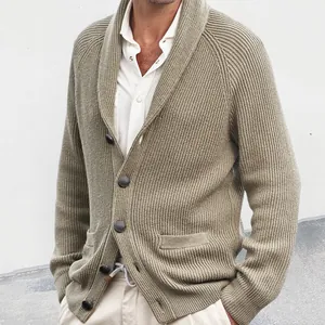 Elegant men's shawl collar ribbed cardigan sweater with classic buttons and long sleeves