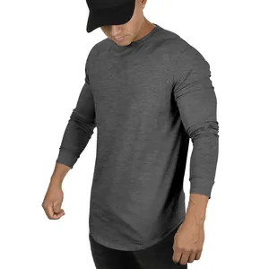 T-shirt manches longues gris foncé pour homme avec col rond et ourlet arrondi pour sport