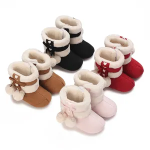 Baby Winter Fleece Boots Warm Cotton Shoes Infant Pre-Walker Bowknot Pom Pom Heart Decoration Soft Sole Toddler Boots