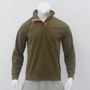 Men's casual olive corduroy long sleeve sweatshirt with stand collar and brown lining