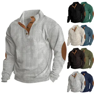 Men's casual corduroy sweatshirt with stand collar and elbow patches detail view