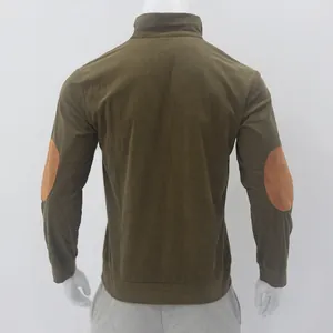 Detailed back view of olive green ribbed corduroy sweatshirt with brown elbow patches
