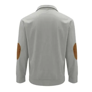 Detailed back view of a grey corduroy jacket featuring classic brown elbow patches.