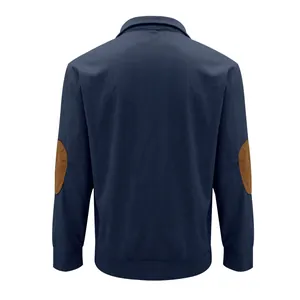 Detailed back view of a classic navy blue corduroy jacket with brown elbow patches