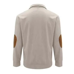 Back view of a men's vintage beige corduroy sweatshirt featuring brown suede elbow patches