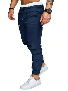 Pantalones cargo casuales azul marino liso para hombre con cordón y puños elásticos bajos