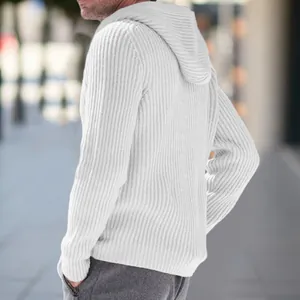 Premium men's white hooded knit sweater with vertical ribbed texture, back view detail
