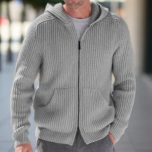 Classic men's grey ribbed knit hooded sweater jacket with full zip closure and pockets.