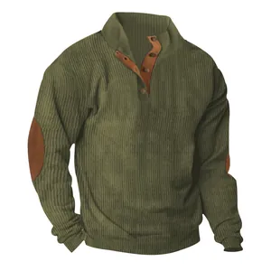 Detail view of men's olive green corduroy sweatshirt featuring a buttoned stand collar