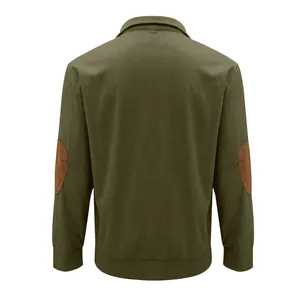 Back view of men's vintage olive green corduroy sweatshirt with brown elbow patches