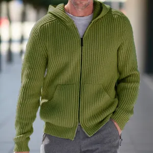 Close-up detail of a men's olive green ribbed knit hooded cardigan with front zipper