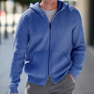 Close-up detail of the blue ribbed knit texture on this hooded men's cardigan