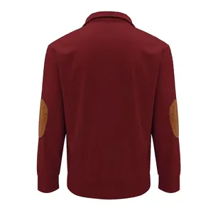 Back view of men's vintage corduroy sweatshirt featuring brown elbow patches in burgundy