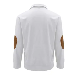 Back view of men's casual white corduroy polo sweatshirt with brown elbow patches.