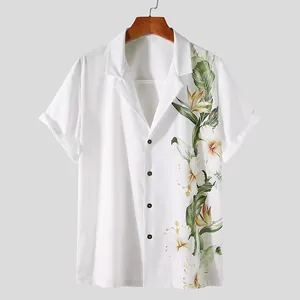 Stylish white men's short sleeve Hawaiian beach shirt with tropical floral print on one side