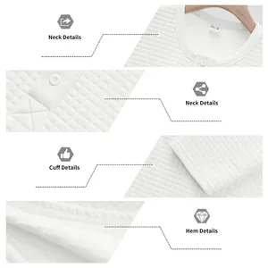 Detalles macro de la textura de nido de abeja y el cuello de la camiseta Henley blanca para hombre