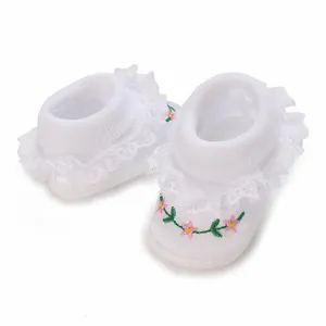 Detailed macro view of white baby girl shoes with elegant floral embroidery and lace trim.