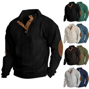 Close-up of men's corduroy long-sleeve sweatshirt with elbow patches and button collar
