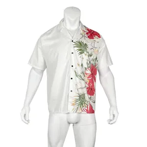 White men's short-sleeve Hawaiian shirt with red floral tropical print on mannequin