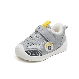 Silver waterproof leather toddler walking shoes with warm plush lining and soft sole