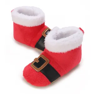 Kerstmis Baby Eerste Stapjes Laarzen Winter Warm Verdikt Pluche Kunstmatig PU Kunstbont Rand Antislip Zuigeling Kerstman Schoenen