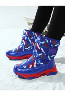 Close-up detail of blue children's high-top snow boots with colorful brushstroke patterns.