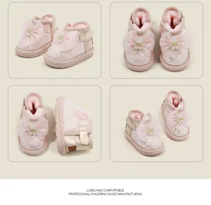 Multi-angle view of pink glittery baby snow boots with cute bow and plush lining