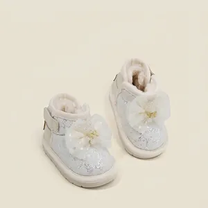 Princess Baby Girls Toddler Snow Boots Sequined Fabric Warm Artificial Fur Lined Winter Shoes With Mesh Bowknot Decoration