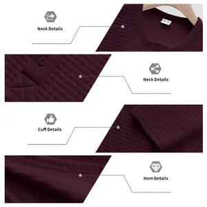 Detalles de la camiseta Henley burdeos para hombre que muestra cuello, puño y dobladillo