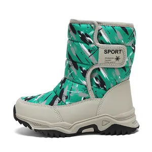 Insulated children's high-top snow boots with green camo pattern and warm fur lining