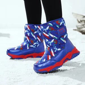 Blue patterned children's high-top snow boots with warm lining and non-slip red soles