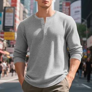 Camiseta Henley de manga larga para hombre en punto gofrado gris con botones retro