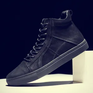 Zapatillas Casuales de Cuero de Primera Capa para Hombre Estilo Británico Zapatos de Caña Alta Negros Suela de Caucho