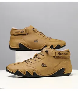 Macro view of high-top fleece-lined casual shoes with decorative buckle and textured sole