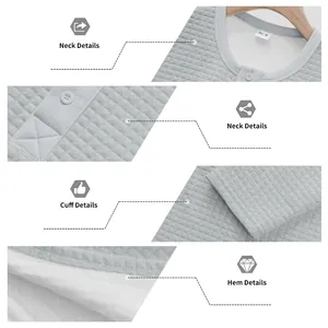 Detalles de camiseta Henley gris con cuadros en cuello, puños y dobladillo inferior