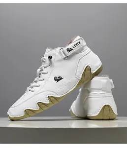 White high-top winter boots for men with warm fur lining and unique octopus sole design.