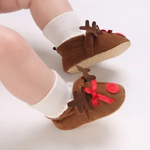 Close-up of cute reindeer baby walker shoes with warm corduroy fabric
