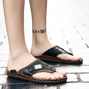 Handgemaakte leren heren slippers, stijlvolle antislip outdoor strandsandalen model