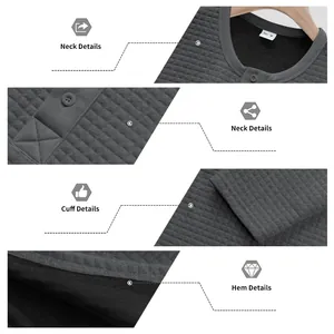 Primer plano de camiseta Henley jacquard para hombre con detalles de cuello y puños