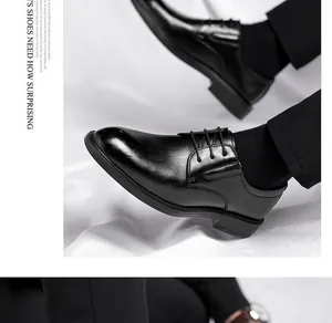 Detailed view of polished black men's leather wedding shoes with height increasing design