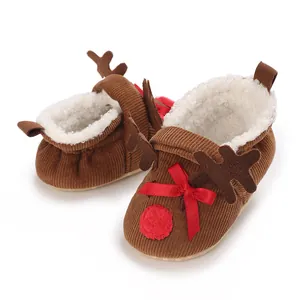 Detailed view of warm baby Christmas reindeer shoes with fleece lining and soft sole