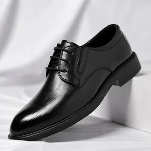 Elegant black men's leather wedding shoes with 8cm height increasing sole
