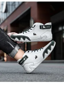 Side profile of white and green high-top casual boots featuring wave pattern and LDECK logo