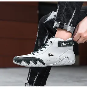 Side view detail of white and dark green leather high-top casual sneakers for men and women
