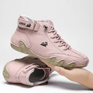 Bottines Martin en Cuir Véritable pour Femmes Tige Haute Mode Décontracté Hiver Chaud Peluche Grandes Tailles Lacet Velcro