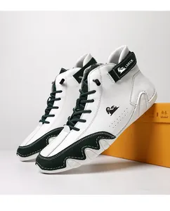 Stylish high-top leather casual boots with white and dark green contrast colors design