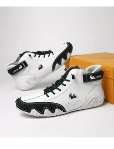 Stylish high-top leather color-block Martin boots featuring LDECK logo on white and green
